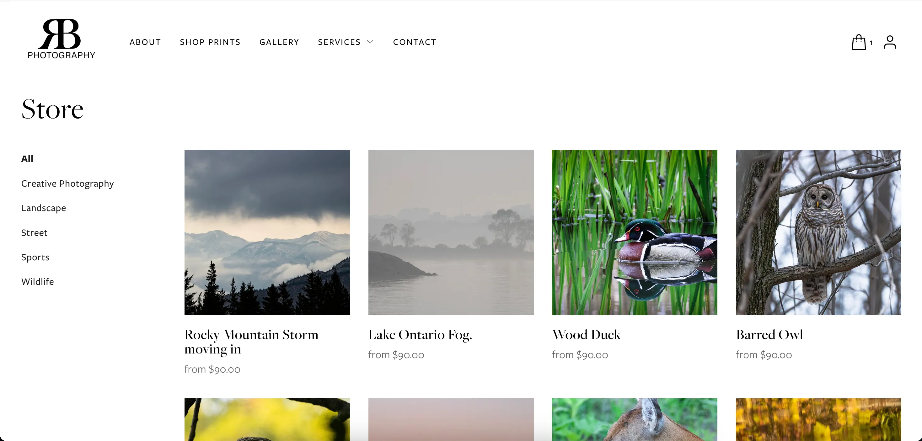 Store page with sidebar category filters for All, Creative Photography, Landscape, Street, Sports, Wildlife