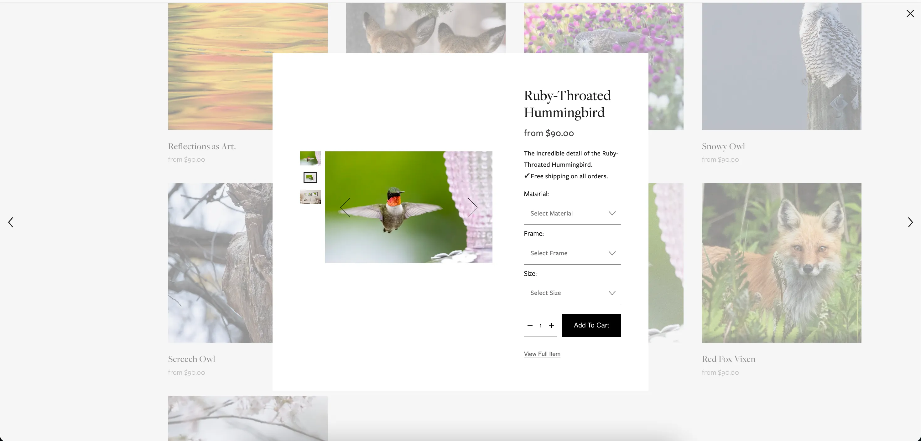 Quick View overlay showing product details, variant selectors, and Add To Cart without leaving the grid
