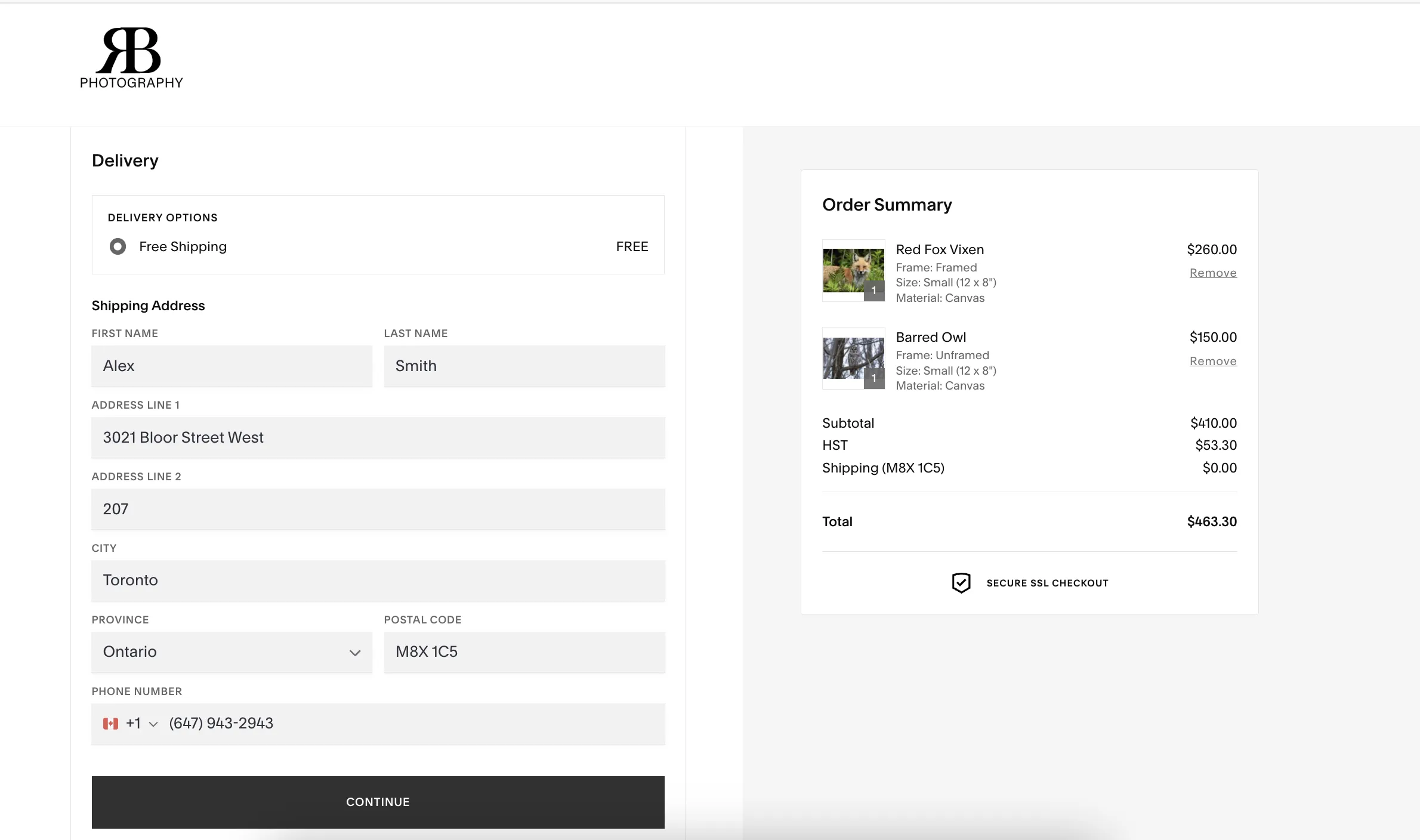 Checkout page with shipping address form, order summary showing two prints, and secure SSL checkout