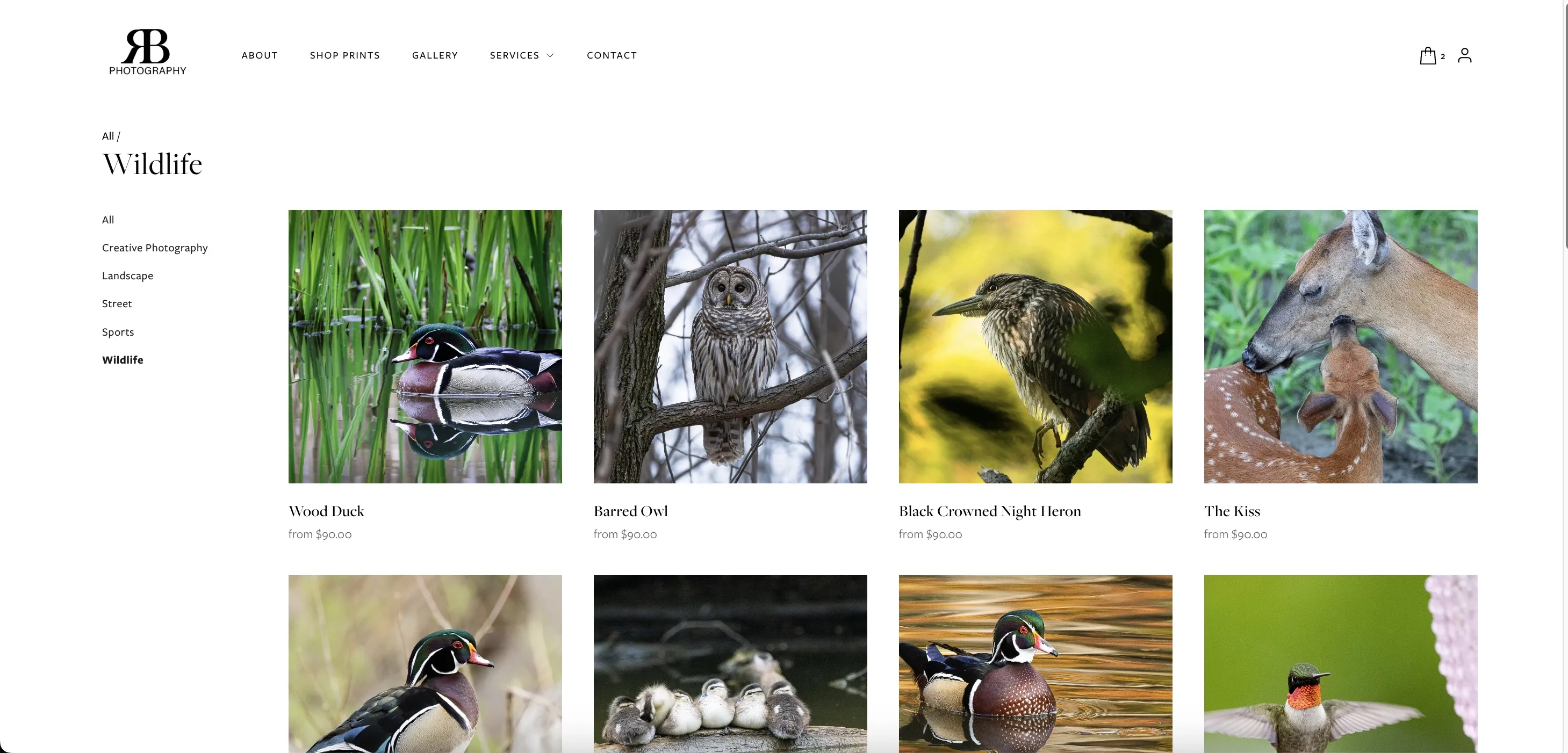 Richard Bod Photography store page showing wildlife prints with sidebar category filters